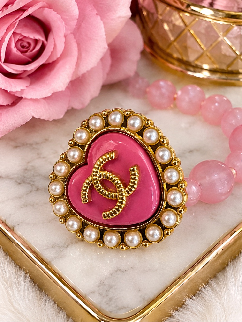 CHANEL Gold-Tone Pink Heart Brooch with Pearls